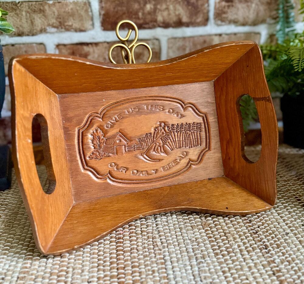 Daily Bread Wood Tray | Vintage 1970s Carved Scripture Bread Serving Tray
